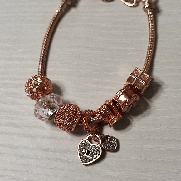 Rose Gold Bracelet Slide Beads Rhinestone Heart Padlock Mesh Snake Chain - Picture 2 of 7